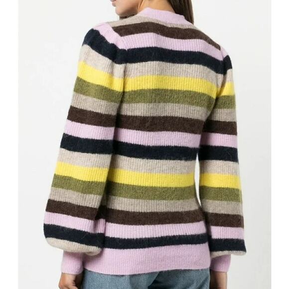 GANNI Striped Alpaca Merino Wool Sweater Lilac Yellow Puff Sleeve Knit Size S - Picture 2 of 10